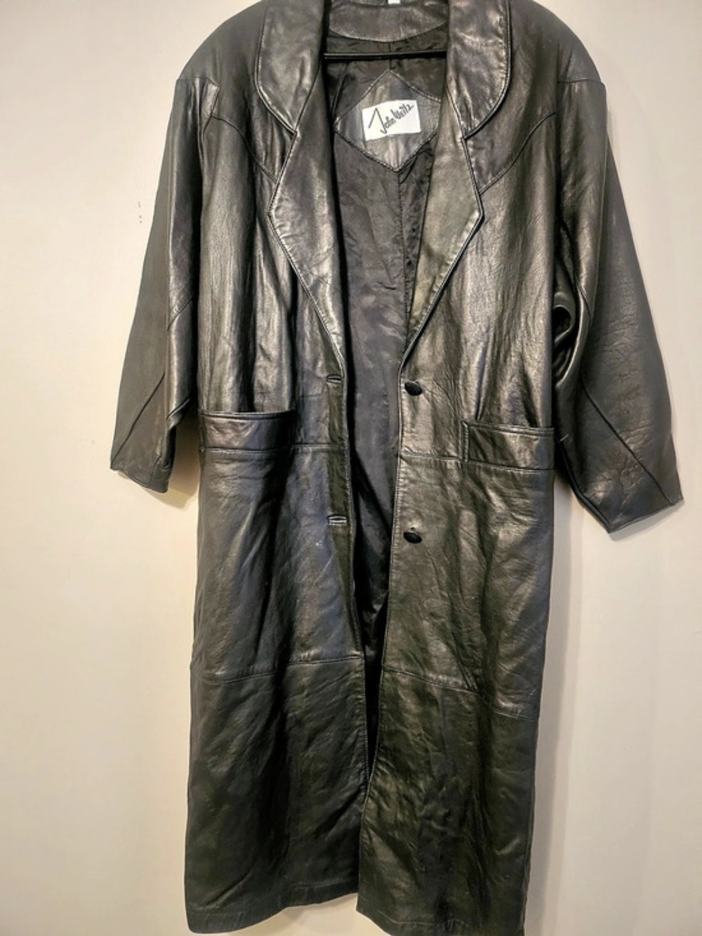 Vintage John Weitz Leather Duster Coat Black Size Small